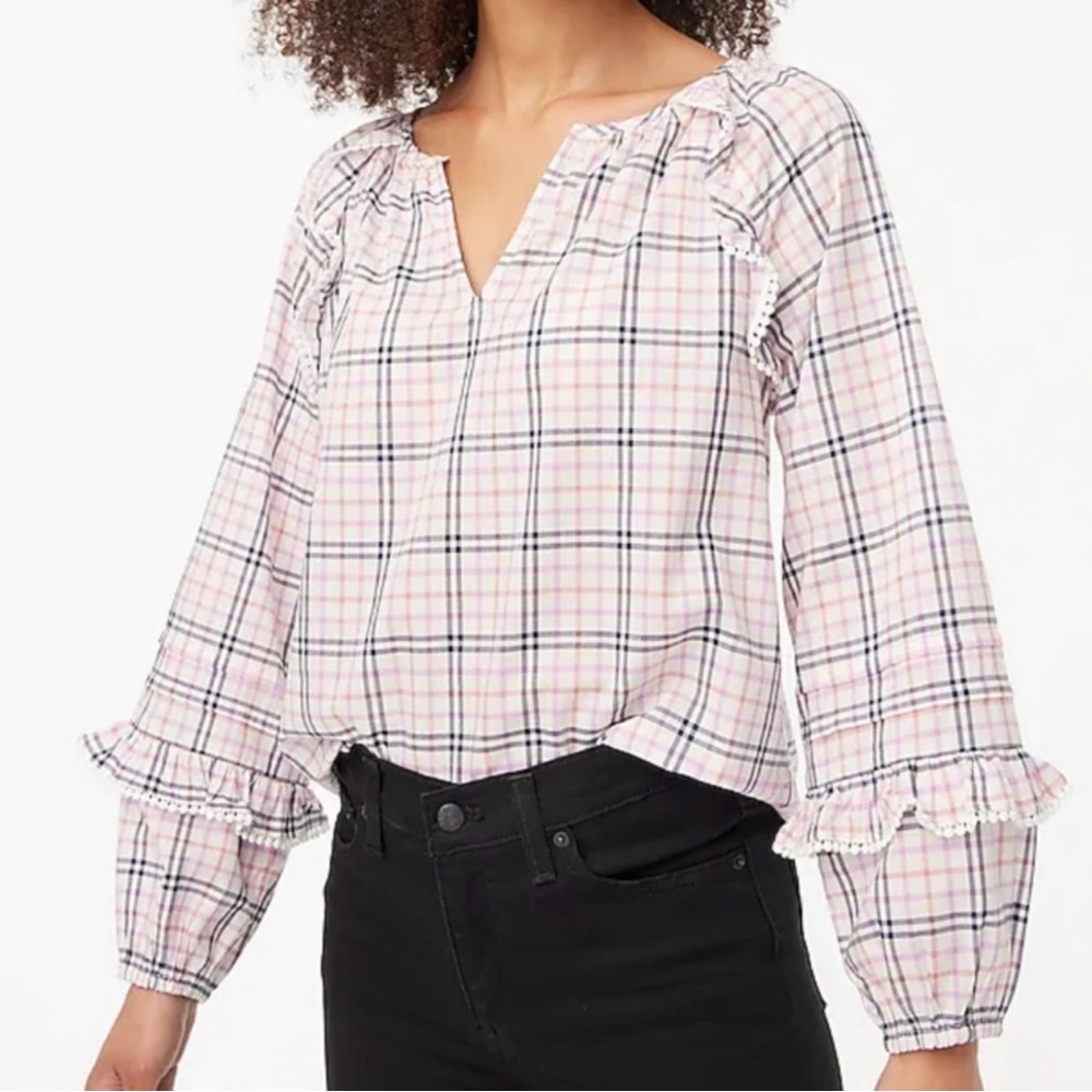 J.CREW Plaid Ruffle Trim Peasant Top Blouse Shirt Ivory Pink Blue Eyelet Light
